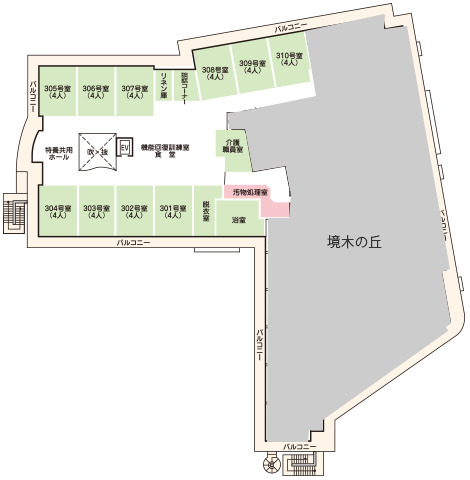 3Fのフロアマップ。301〜310号室の居室、機械浴室、洗濯室、汚物処理室、食堂など。